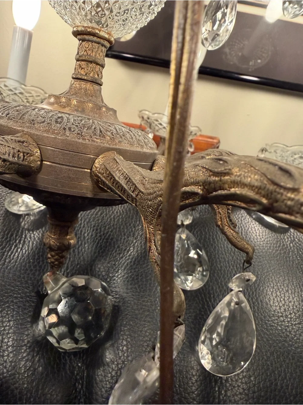 Antique Spanish Revival Brass 8 arm chandelier with leaded glass crystal prisms